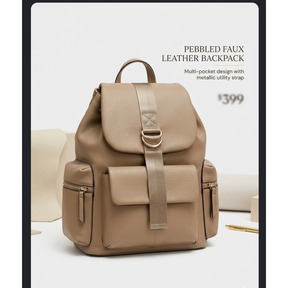 Topshop Pebbled Faux Leather Backpack Tan Beige Multi Pocket Utility Bag